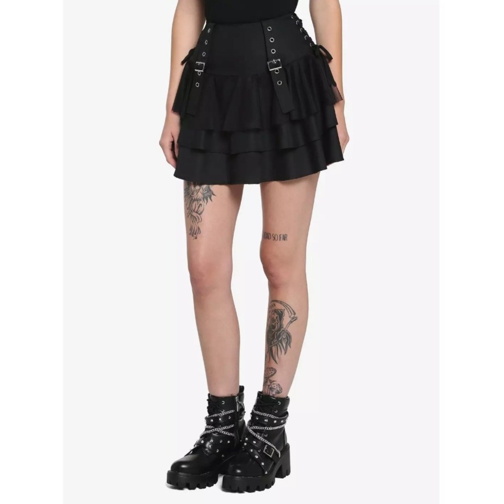 Hot Topic Black Tiered Ruffle Tulle Grommet Buckle Mini Skirt Punk Goth XS